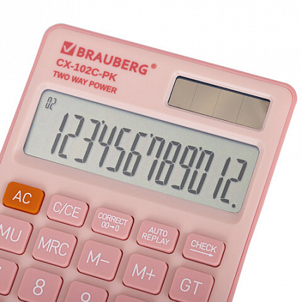 Калькулятор карманный BRAUBERG CX-102C-PK (76x126 мм), 12 разрядов, двойное питание, РОЗОВЫЙ, 272650