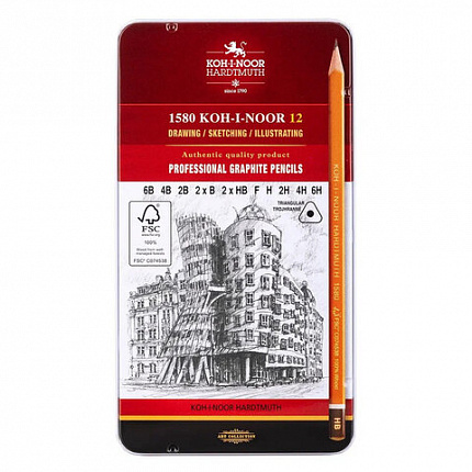 Карандаши чернографитные KOH-I-NOOR, НАБОР 12шт., "Art" 6B-6H, без резинки, металлическая коробка, 1582012001PL