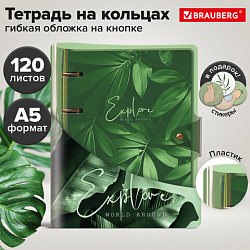 Тетрадь на кольцах А5, 180х220 мм, 120 л., неон. пластик, клапан, стикеры, BRAUBERG, Зеленый, 405222
