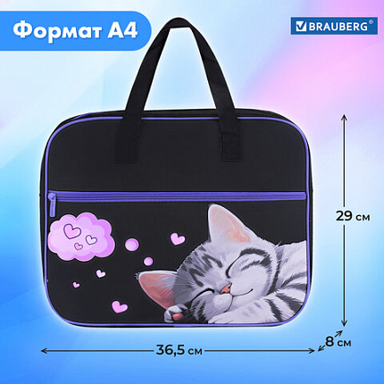 Папка на молнии с ручками BRAUBERG А4, 1 отделение, карман на молнии, 80 мм, "Спящий котенок", 273309