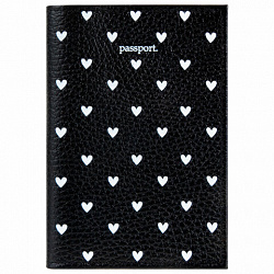 Обложка для паспорта натуральная кожа флоттер, принт "Сердечки", цвет черный, BRAUBERG, 238867