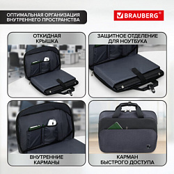 Сумка портфель BRAUBERG MODERN с отделением для ноутбука 15-16", откидная крышка, серая, 29х42х11 см, 270828