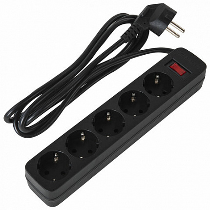 Сетевой фильтр SONNEN SPB-185, 5 розеток с заземлением, выключатель, 10 А, 1,8 м, черный, 513656