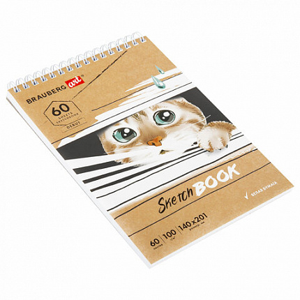 Скетчбук, белая бумага 100 г/м2, 140х201 мм, 60 л., гребень, жёсткая подложка, BRAUBERG ART, "Котик!, 115062