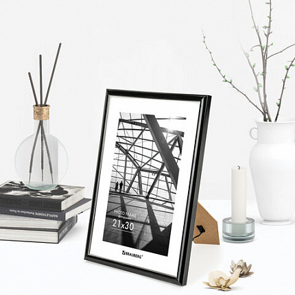 Рамка 21х30 см небьющаяся, багет 14,6 мм, пластик, BRAUBERG "Original Line", черная/серебро, 391234