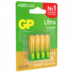 Батарейки КОМПЛЕКТ 4 шт., GP Ultra G-Tech, AAA (LR03, 24А), алкалиновые, мизинчиковые, 24AUA21-2CRSBC4