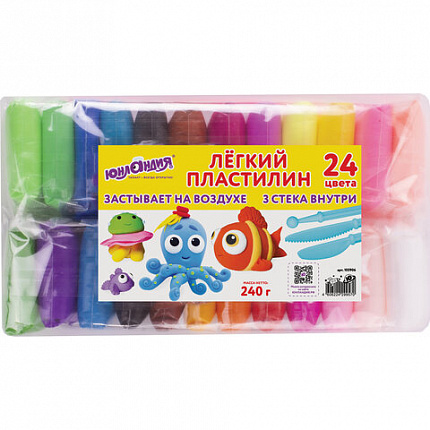 Пластилин супер лёгкий воздушный застывающий 24 цвета, 240 г, 3 стека, ЮНЛАНДИЯ, 105906