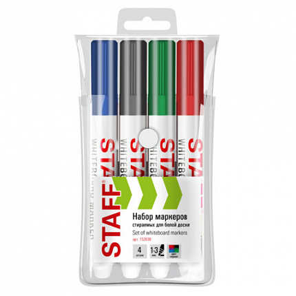 Маркеры стираемые для белой доски НАБОР 4 ЦВЕТА, STAFF "BASIC" WBM-200, 1-3 мм, ххххх, 152639