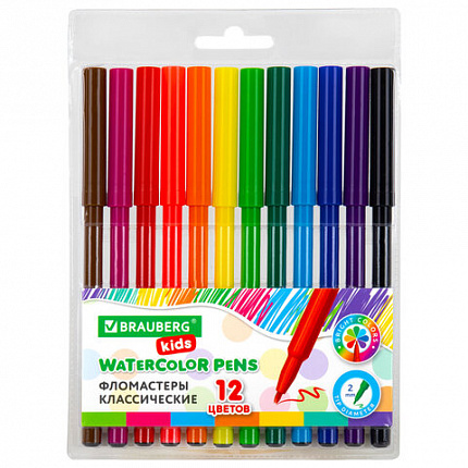 Фломастеры BRAUBERG KIDS КЛАССИЧЕСКИЕ 12 цветов, вентилируемый колпачок, ПВХ-упаковка, 152601
