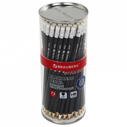 Карандаш чернографитный BRAUBERG "Style PRO", 1 шт., HB, с ластиком, корпус черный, 181723