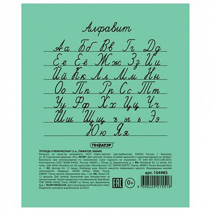 Тетрадь ЗЕЛЁНАЯ обложка 12 л., линия с полями, офсет №2 ЭКОНОМ, "ПИФАГОР", 104985