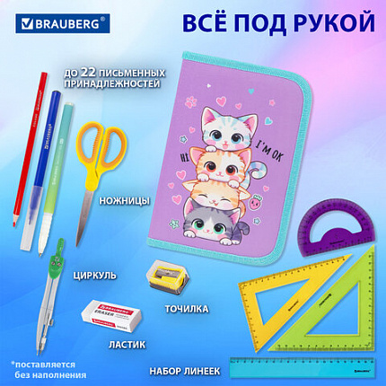 Пенал BRAUBERG, 1 отделение, 1 откидная планка, полиэстер, 21х14 см, "Забавные котята", 273523