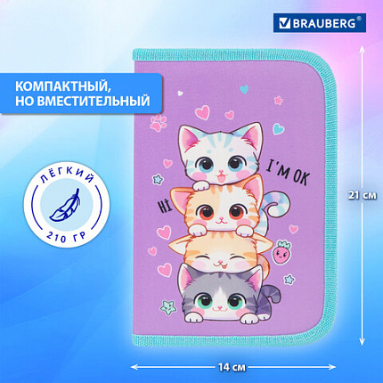 Пенал BRAUBERG, 1 отделение, 1 откидная планка, полиэстер, 21х14 см, "Забавные котята", 273523