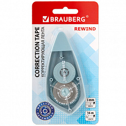 Корректирующая лента BRAUBERG REWIND, 5 мм х 16 м, механизм перемотки, корпус зеленый, блистер, 272489, 272490