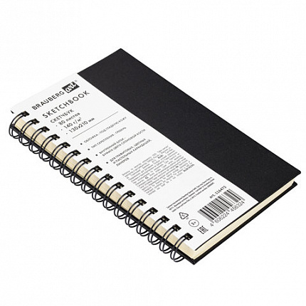 Скетчбук, слоновая кость 140 г/м2 130х210 мм, 80 л., КОЖЗАМ, гребень, BRAUBERG ART CLASSIC, черный, 116475