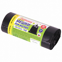 Мешки для мусора 30 л черные, в рулоне 30 шт., ПНД 8 мкм, 48х55 см, ЛЮБАША, 608089