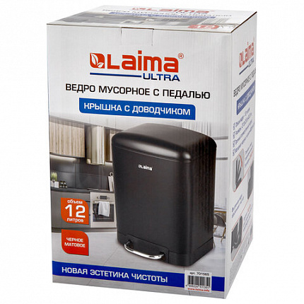 Ведро мусорное с педалью 12 л, крышка с доводчиком, черное матовое, металл, LAIMA ULTRA, 701565