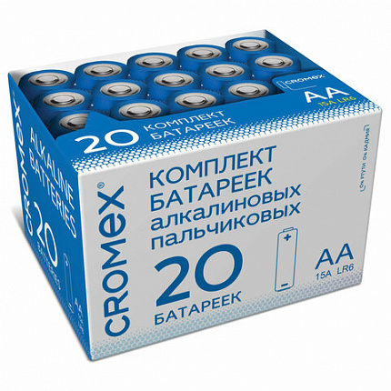 Батарейки алкалиновые "пальчиковые" КОМПЛЕКТ 20 шт., CROMEX (КРОМЕКС) Alkaline, АА (LR6, 15А), в коробке, 455593
