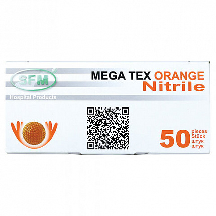 Перчатки нитриловые сверхпрочные с текстурой SFM MEGA TEX ORANGE, Германия, 25 пар (50 штук), размер M (средний), 4036534913208