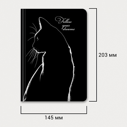 Ежедневник недатированный с резинкой А5 145х203 мм, BRAUBERG, твердый, 160 л., "Black cat", 116305