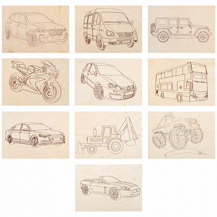 Заготовки деревянные для выжигания "Транспорт", 5 шт., 10 рисунков, 15х21 см, BRAUBERG HOBBY, 665307