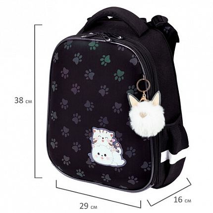 Ранец BRAUBERG LUMINOUS, 2 отделения, с брелоком, "Paws", СВЕТЯЩИЙСЯ РИСУНОК, 38х29х16 см, 271366