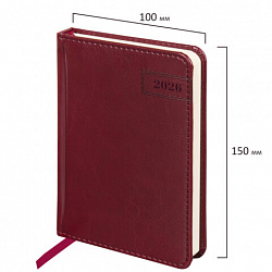 Ежедневник датированный 2026, МАЛЫЙ ФОРМАТ 100х150 мм, А6, BRAUBERG "Imperial", под кожу, бордо, 117254