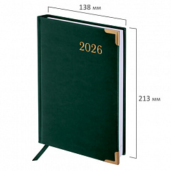 Ежедневник датированный 2026 А5 138x213мм BRAUBERG Senator, под кожу, зеленый, 117092