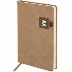 Ежедневник датированный 2026 А5 138х213 мм, BRAUBERG "Accent", под кожу, держатель, бежевый/коричневый, 117388
