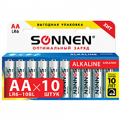 Батарейки КОМПЛЕКТ 10 шт., SONNEN Alkaline, АА (LR6, 15А), алкалиновые, пальчиковые, короб, 451086