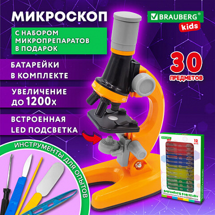 Микроскоп с подсветкой, 30 предметов, в т.ч. набор из 12 микропрепаратов в подарок, увеличение 100х, 400х, 1200х, BRAUBERG KIDS, 391400