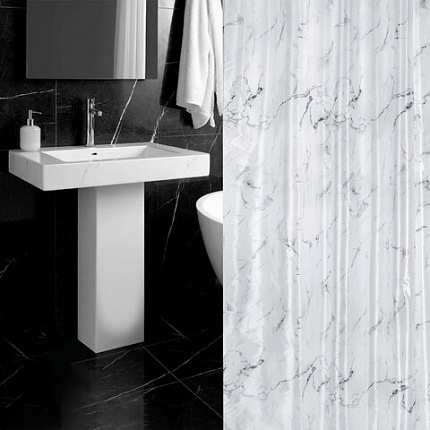 Шторка для ванной ПОЛИЭСТЕР, 180х180 см, кольца в комплекте, БЕЛЫЙ МРАМОР, PRIMILA (ПРИМИЛА), 700079