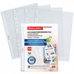 Папки-файлы перфорированные А4 BRAUBERG "PREMIUM", КОМПЛЕКТ 100 шт., гладкие, 40 мкм, 273007