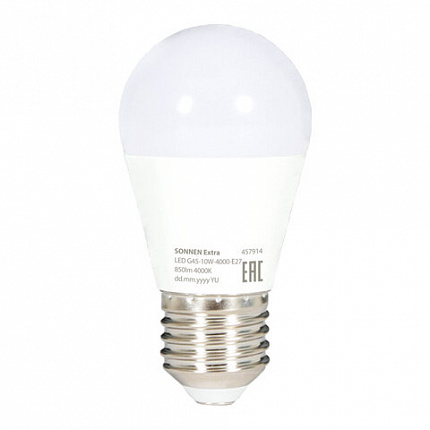 Лампа светодиодная SONNEN EXTRA, 10 (85) Вт, E27, шар, нейтральный белый, 30000 ч, LED G45-10W-4000-Е27, 457914