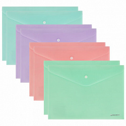 Папка-конверт с кнопкой А4, КОМПЛЕКТ 8 шт., пастельные цвета ассорти, BRAUBERG "PASTEL", 0,18 мм, 272865