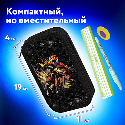 Пенал ЮНЛАНДИЯ, 2 отделения, ламинированный картон, конгрев, 19х11 см, "Огненный мотоцикл", 273496