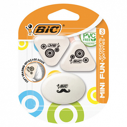 Набор ластиков BIC, "Mini Fun" 3 шт., белый с рисунком, 2 треугольных и 1 овальный, 927870