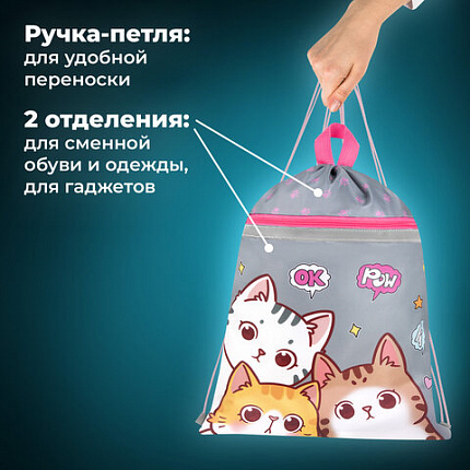 Мешок для обуви BRAUBERG, с петлей, светоотражающая полоса, 2 отделения, 46х36 см, "Дружба котиков", 273449