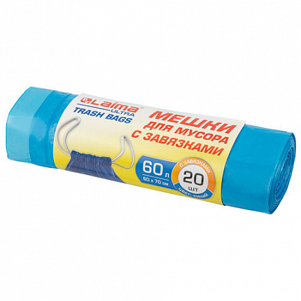 Мешки для мусора с завязками LAIMA "ULTRA" 60 л, синие, рулон 20 шт., прочные, ПНД 18 мкм, 60х70 см, 607692
