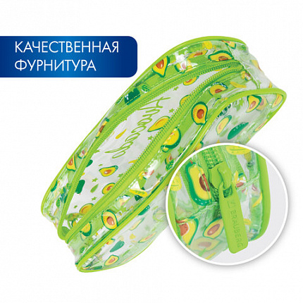 Пенал-косметичка BRAUBERG LUCENT на молнии, прозрачный, "Авокадо", 21х5х9 см, 270054