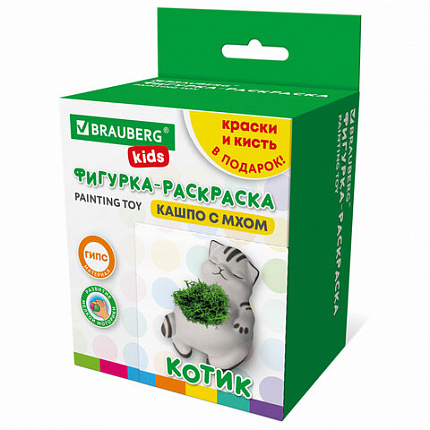 КАШПО ИЗ ГИПСА СО МХОМ, с красками и кистью для росписи, ассорти, BRAUBERG KIDS, 666012