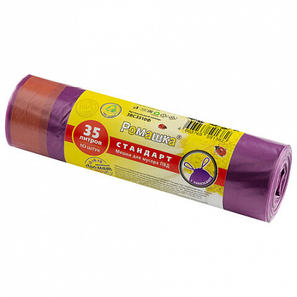 Мешки для мусора с завязками 35 л., фиолетовые, в рулоне 10 шт., ПВД 25 мкм, 50х58 см, РОМАШКА, ЗВС3510Ф
