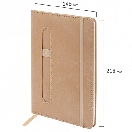 Блокнот А5 148x218 мм BRAUBERG "Optimal", под кожу, 80 листов, резинка, держатель для ручки, клетка, бежевый, 118636