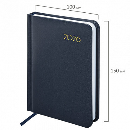 Ежедневник датированный 2026, МАЛЫЙ ФОРМАТ 100х150 мм, А6, BRAUBERG "Select", балакрон, темно-синий, 117259