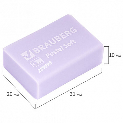 Ластики BRAUBERG "Pastel Soft" НАБОР 12 шт., размер ластика 31х20х10 мм, экологичный ПВХ, 229598