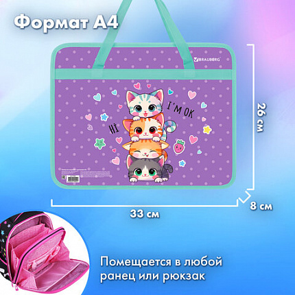 Папка на молнии с ручками BRAUBERG А4, 1 отделение, пластик, 80 мм, "Забавные котята", 273368