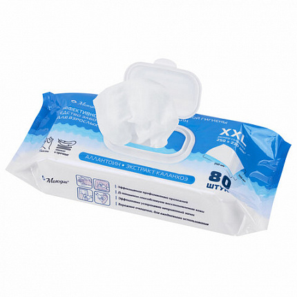 Салфетки влажные для ухода за лежачими больными и интимной гигиены 80 шт., 22х25 см, Д-пантенол, МЕЛОДИЯ, 116527