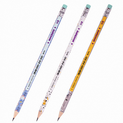 Карандаш чернографитный ЮНЛАНДИЯ "ЩЕНОК", 1 шт., HB, с ластиком, корпус ассорти, 181774