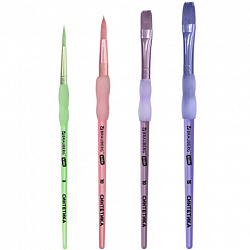 Кисти c силиконовой вставкой НАБОР 4 шт. (синтетика круглые №3, 10; плоские №10, 15), блистер, BRAUBERG KIDS, 201097