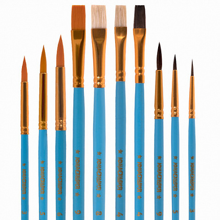 Кисти ЮНЛАНДИЯ "ЮНЫЙ ВОЛШЕБНИК", набор 10 шт. (ПОНИ - 4 шт.; СИНТЕТИКА - 4 шт.; ЩЕТИНА - 2 шт., круглые, плоские), блистер, 200896